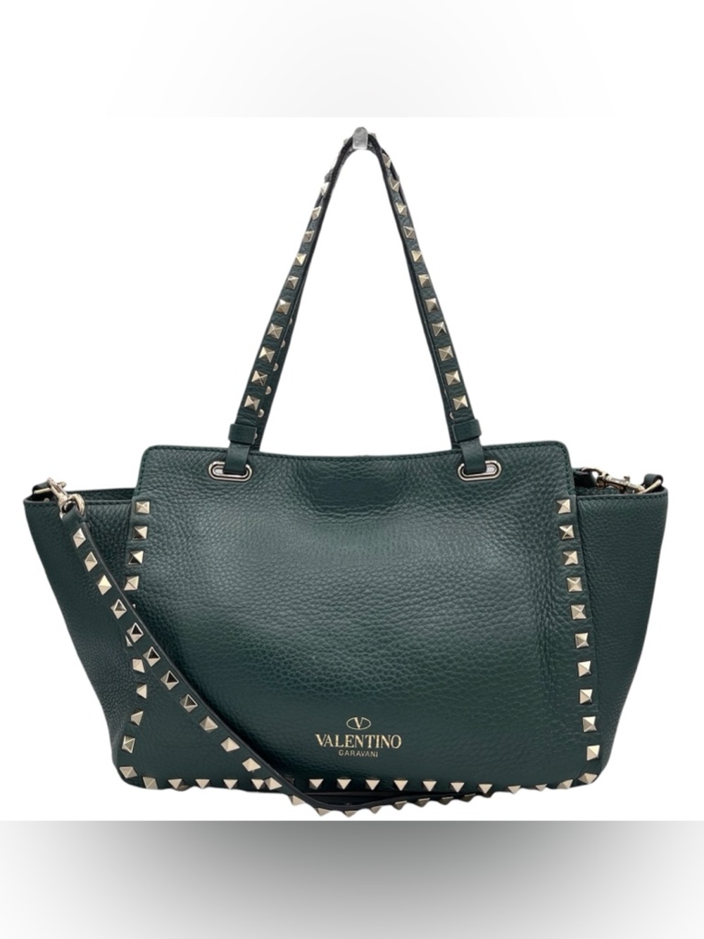 Valentino Garavani Small Rockstud Trapeze Green Pebbled Leather Tote Bag